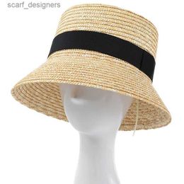 Wide Brim Hats Bucket Hats Summer Female Natural Stiff Wheat Straw Boater Fedora Top Flat Hat Women Beach Flat Brim Cap With Black Stripe Ribbon bucket Hat Y2404090H48