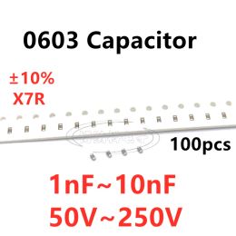 100pcs 0603 SMD Capacitor 1/1.2/1.5/1.8/2/2.2/2.7/3.3/3.9/4.7/5.6/6.8/8.2/10NF 50V 100V 250V X7R 10%