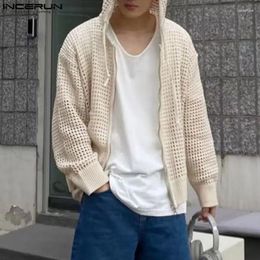 Men's Hoodies Handsome Well Fitting Tops INCERUN Fashion Hooded Hollow Sweater Casual Cardigan Drawstring Long Sleeved Sweatshirts S-5XL