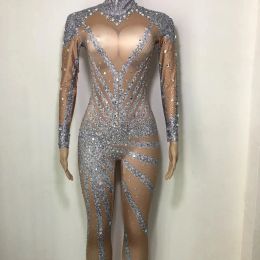 Bright Rhinestones Long Sleeves Jumpsuit Sexy Stones Leggings Stage Performance Wear One Piece Costume Rave party