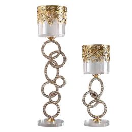 Modern Minimalist Cylindrical Glass Crystal Candlestick Metal Butter Lamp Holder Tea Light Holder Home Decor With Diamond Ring