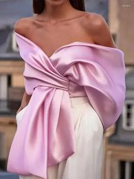 Women's Blouses Elegant Satin Pink Bow Pleated Top Sexy Women Off Shoulder Backless Cropped Tank Tops 2024 Chic Lady Club Party Street Vest