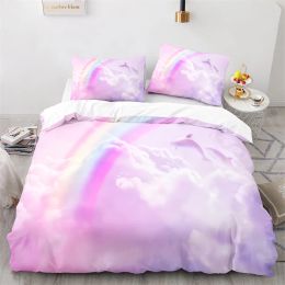 Rainbow Duvet Cover Set Colourful Rainbow White Cloud Pattern Cute Kawaii Polyester Comforter Cover King Queen Size for Girls