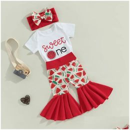 Clothing Sets Born Girl Clothes My First Birthday Sweet One Bell Bottom Pant Set Watermelon Summer Outfits With Bow Headband Drop De Dh3Ki