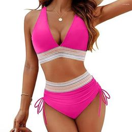 Women's Swimwear V-neck Swimsuit Stylish Bikini Set With High Waist Drawstring Trunks For Women Colourful Patchwork Beachwear Quick