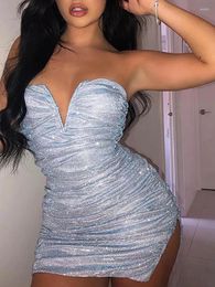 Casual Dresses Bangniweigou Off Shoulder Bright Silk Ruched Tight Silver Dress Women Evening Bodycon Sleeveless Glitter Mini Sheath