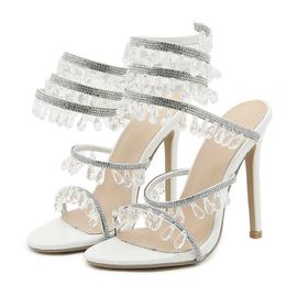 Dress Shoes Liyke New Design Crystal Gemstone Pendant Slip-On Ankle Strap Sandals Women Wedding Prom Sexy Open Toe Club Stripper Heels H240409 FWSZ
