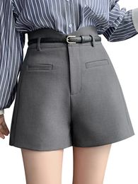 QOERLIN with Blet Grey Shorts Elegant Black Suit Female High Waist Casual Pocket Autumn Short Pants Women SXL 240409