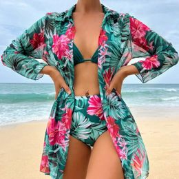 Women's Swimwear Tropical Print Three Pieces Bikini For Women High Waist Swimsuit Cover Up Brazilian Biquini Bathing Suit