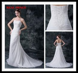 2015 Sexy A Line Strapless Pleated Wedding Dresses Chiffon Appliques Court Train Bridal Gowns HW0273521357