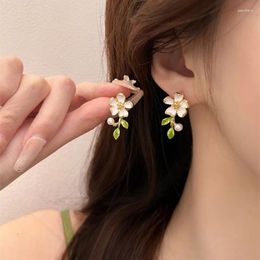 Stud Earrings 925 Silver Needle 2024 Trend White Flower Green Leaf For Women Party Exquisitely Designed Crystal Studs Jewelry Gifts