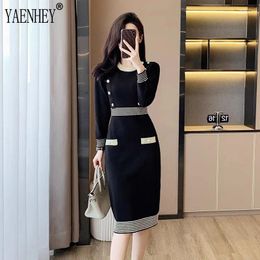 Casual Dresses Vintage Vestido Korean Colorblocked Long Sleeve Pencil Dress Simple Knitting Office Party Women Dresse Autumn Winter 2024