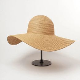 Summer Solid Colour Fashion Rhinestone14cm Oversized Sun Hat Ladies Beach Sunscreen Straw Travel Foldable Uv Panama Wholesale240409