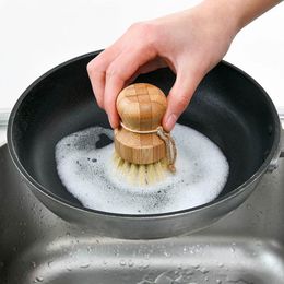 Wooden Bamboo Round Pot Dish Bowl Sink Stove Washing Brush Short Handle Moisture-proof Dishwashing Brush Kitchen Accessories