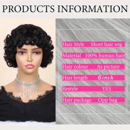 Pixie Rose Curly Wig Black 6 Inch 150% Density Fully Machine Made Deep Curly Bangs Short Bob Human Hair Wig