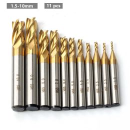 4 Flute Mill HSS Titanium End Mill Set 7/11 Pieces 1.5-1.0 mm CNC Milling Cutter for Wood Metal Steel Milling