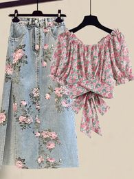 Women Summer Sweet Pink Print Skirts Two Pieces Set Korean Puff Sleeve Bandage Floral Top And Side Split Retro Denim Sets 240326