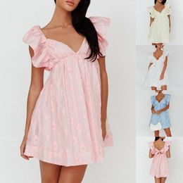 Casual Dresses Women Summer Mini Dress Flower Pattern Deep V-Neck Sleeve A-line Fashion Beach Holiday Sundress
