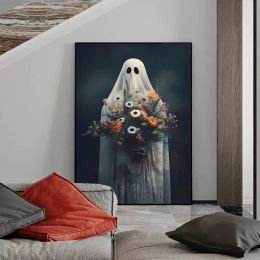 Gothic Dark Academia Ghost Haunted Portrait Poster Canvas Painting Horror White Ghost Wall Art For Halloween Room Home Decor