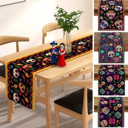 Halloween Sugar Skulls Mexico Day of The Dead Linen Table Runner Holiday Decorations Mexico Table Runners for Dining Table Decor