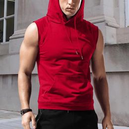 Men's Tank Tops Mens Hooded Top Hoodie Sleeveless Loose Solid Color Pocket Ffitness Muscle Training Running Sports Breathable Vest