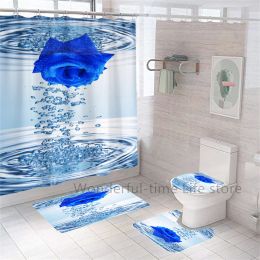 Luxury 3D Blue Red Rose Waterproof Shower Curtain Washable Non-Slip Bath Mat Rugs Carpet Toilet Cover Kitchen Bathroom Product