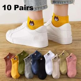 Women Socks 10Pairs Cartoon Bear Fabric Label Cotton Short Ankle Low For Summer Colors Girls Sweat-absorbing Boat Invisible Sock