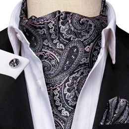 HiTie Silk Grey Mens Ascot Tie Pocket Square Cufflinks Set Jacquard Woven Cravat for Male Groomsmen Wedding Business Events240409