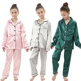 2pcs Boys Girls Pyjamas Silk Pants Long Sleeve Solid ButtonDown Pyjamas Satin Sets Nightgown Children Sleepwear Kids Loungewear 240408