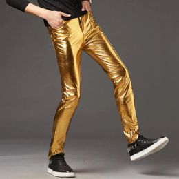 Faux Leather Men Pencil Pants Bright Surface Zipper Fly Mid Waist Trousers Slim Motorcycle Pants Streetwear