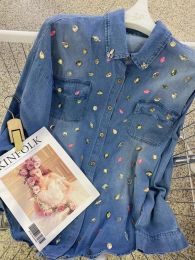 Women Rainbow Color Diamonds Beaded Denim Shirts Spring Rhinestones Jeans Blouses Single Breasted Sequined Cardigan Crop Tops