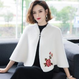 Luxury Autumn Embroidery Shawls And Wraps Warm Fur Cape Knit Sweaters Loose Women's Trench Coat Ladies Cashmere Ponchos Winter