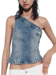 Women's Tanks 2024 Women Summer One Shoulder Slim Fit Denim Vest Fashion Retro Blue Sleeveless Casual Cropped Tops