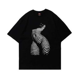 Men's T-Shirts Pure Cotton Spicy Girl Sexy Black and White Stripes Female Printed Short Sleeve Top Female American Retro Street Short Sleeve J240409