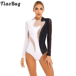 Stage Wear Womens Gymnastics Leotard Long Sleeve Shiny Rhinestone Sheer Mesh Acrobatics Figure Ice Skating Bodysuit Ballet Dance Costume