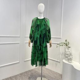 Casual Dresses 2024 Silk Green Spring Summer Top Quality Vintage Long Sleeve Crinkle Folds O-neck Woman Midi Dress