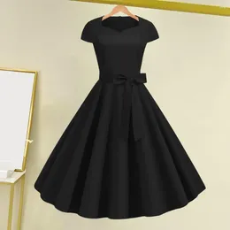 Casual Dresses Women Party Dress Solid Color V Neck Belted Bow Decor Cocktail Retro Princess Style A-line Big Swing Short Sleeve