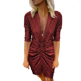 Casual Dresses Sexy V Neck Long Sleeve Sequined For Women Autumn Winter Formal Occasion Elegant Ladies Party Evening Dress Robe