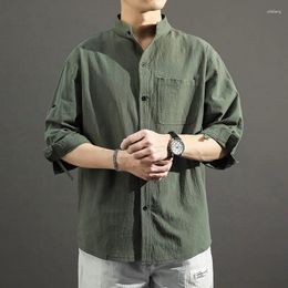 Men's Casual Shirts Summer Cotton Linen Three Quarter Sleeved Shirt Stand-Up Collar Seven-point Sleeve For Men