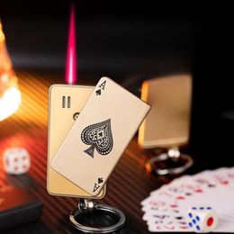 Personality Metal Red Flame Playing Card Unusual Torch Turbine Butane Without Gas Lighter Windproof Outdoor Lighter Gift for Men