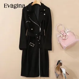 Casual Dresses Evagina Fashion Runway Designer Women's Suit Collar Long Sleeve Waistband Slit Commuter Style Zipper Buttons Black Dress