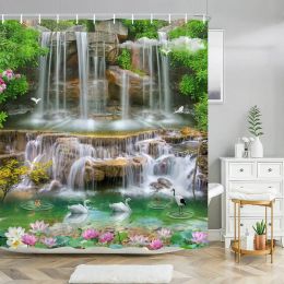 Forest Waterfall Landscape Shower Curtain Outdoor Garden Poster Tropical Plants LandscapePolyester Shower Curtain Bathroom Decor