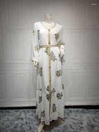 Casual Dresses White Satin Striped Jacquard Maxi Dress Women Elegant V Neck Golden Tape Trim Dubai Arab Muslim Abaya Moroccan Kaftan Eid