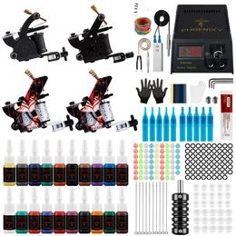 Professional Tattoo Machine Kit 4pc High Qulity Gun with Power Supply Permanent Ink Pigment All for Tatto Body Art 240327