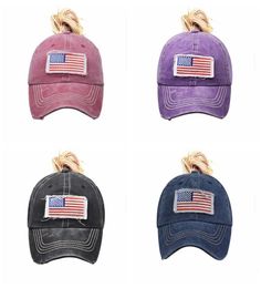 Women Ponytail Hats American Flag Embroider Baseball Cap Washed Hole Net Hat Classics Ball Caps Adjustable Outdoor Sport Visor 10C3677882