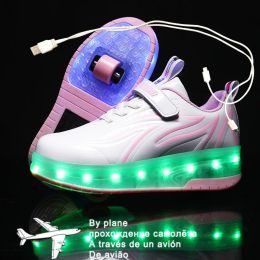 Sneakers Children Boys Blue Luminous Glowing Sneakers with Double Two Wheels Roller Skate Shoes Adult Kids Usb Charging Shoes Pink Girls