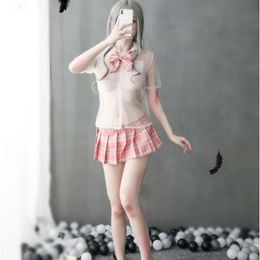 Sexy Lingerie Sexy Perspective Student Shirt Bow Uniform Temptation British Plaid Pleated Skirt Women Sexy Costumes