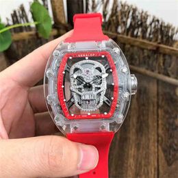 Watch Luxury Mens Richardmill Mechanical Crystal Transparent Personalised Skull Hollowed Out Full-automatic Fashion Casual Swiss Movement Wristwatches