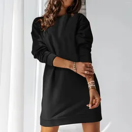 Casual Dresses Solid Round Neck Pullover For Women Autumn Winter Cotton Warm Long Sleeve Sweater Dress Fleece Loose Short