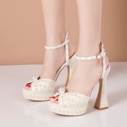 Elegant Big Pearl White Wedding Shoe Sandals Fashion Peep Toe High Heels Luxury s Pumps Bride Party Prom Shoes 240327